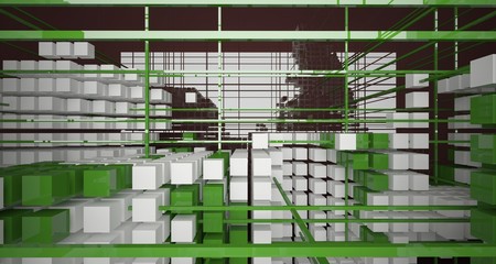 Abstract brown  interior from array white and green cubes  with window. 3D illustration and rendering.