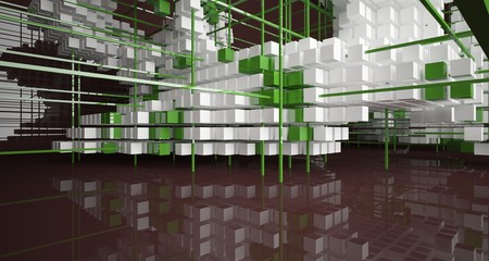 Abstract brown  interior from array white and green cubes  with window. 3D illustration and rendering.