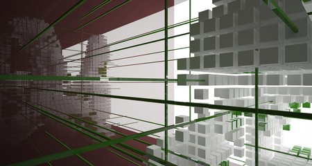 Abstract brown  interior from array white and green cubes  with window. 3D illustration and rendering.