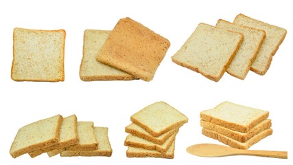 toast wheat bread sliced isolated on white background,some white bread slices pile up on white background,Sliced white bread,Slices of wheat bread isolated on white,Whole wheat bread and sandwich brea