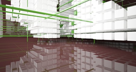 Abstract brown  interior from array white and green cubes  with window. 3D illustration and rendering.