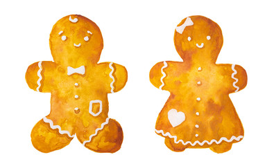 Hand drawn watercolor drawing of Christmas gingerbread man and girl couple on white background, isolated