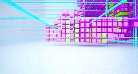 Fototapeta premium Abstract white interior from array colored cubes with window. 3D illustration and rendering.