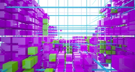 Abstract white interior from array colored cubes with window. 3D illustration and rendering.