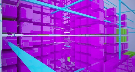 Abstract white interior from array colored cubes with window. 3D illustration and rendering.
