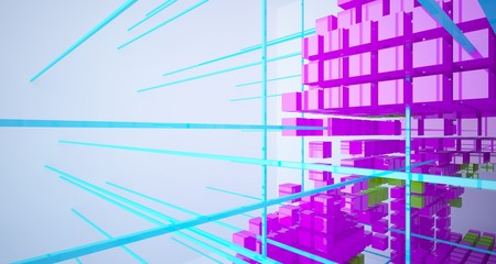 Abstract white interior from array colored cubes with window. 3D illustration and rendering.