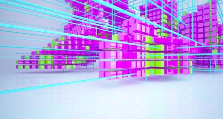 Abstract white interior from array colored cubes with window. 3D illustration and rendering.