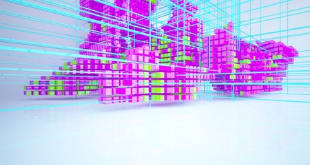 Abstract white interior from array colored cubes with window. 3D illustration and rendering.