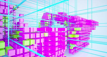 Abstract white interior from array colored cubes with window. 3D illustration and rendering.