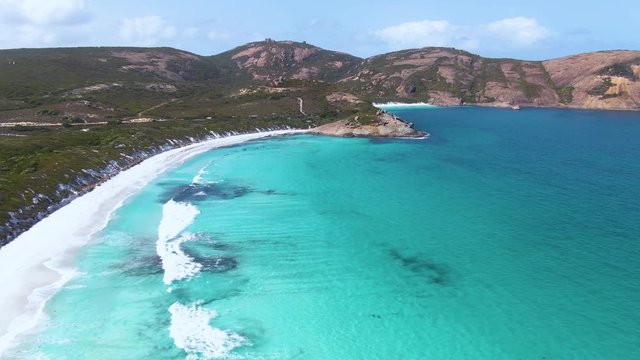 Aerial: Spectacular sections of Esperance's finest bays with turquoise waters and granite domes in untouched wilderness of Cape Le Grande National Park.