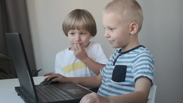 Boys, children working on a computer, programming, learning or playing