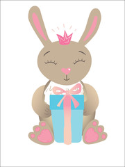 Easter rabbit with gift box. Vector illustration isolated. Greeting card.