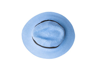 Top view vintage pretty blue straw hat isolated on white background