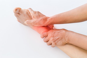 Fototapeta premium Women have ankle pain due to walking for a long time.