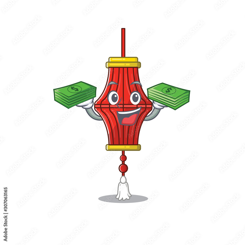 Poster Confident smiley chinese paper lanterns character with money bag