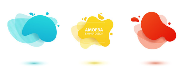 Amoeba liquid design. Dynamical colored forms of amoeba. Modern banner template for logo, flyer, presentation design. Yellow, red, blue colors.