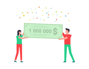 Obraz premium Happy man and woman holding a bank check for a million dollars. isolated on white background