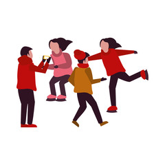 young kids with winter clothes taking picture with cellphone