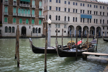 Fototapeta premium Gondolas travelling on Grand Canal Venice surrounding by historical attractive building, Venice, Italy, Commercial advertisement for day trip boat in Europe