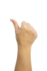 Woman hand thump up sign isolated on white background. Thumbs up hand.