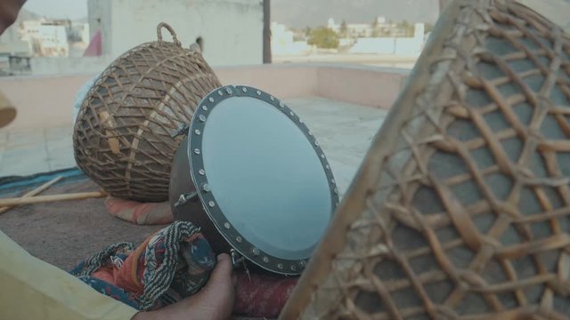 Close Up Slow Motion Hands Playing Traditional Indian Drums On The Street