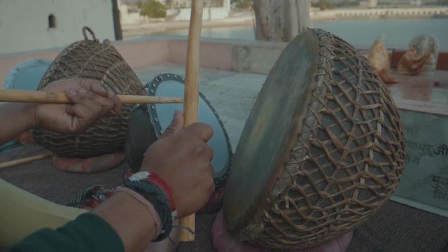 Close Up Slow Motion Hands Playing Traditional Indian Drums On The Street