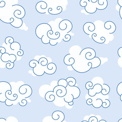 Seamless pattern of white clouds with a stylish contour on a light blue background. Vector stock square illustration simulating a cloudy sky. Cartoon style