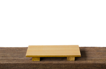 Empty sushi board on wood table with white background. Top view of plank wood for graphic stand product, interior design or montage display your product