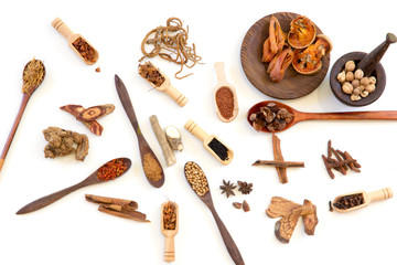 Chinese herb selection used in traditional alternative herbal medicine with mortar and pestle on white background.