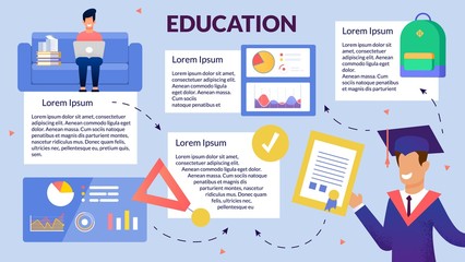 College Education, Online Courses Flat Vector Infographics, Ad Banner, Poster Template with Sample Text Blocks, Arrows, Graphs and Student Studying with Laptop, Celebrating Graduation Illustration