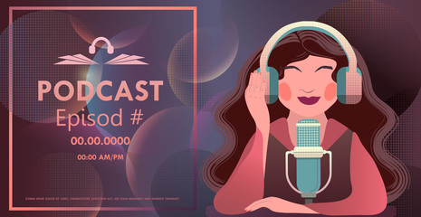 Vector illustration with podcast concept on dark background, female podcast, broadcasting, radio, online webinar, training. Young woman talks to audience, hosts podcast. - obrazy, fototapety, plakaty