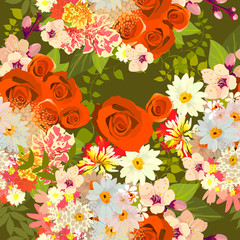 A seamless background with different flowers. Vector