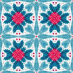 Seamless Christmas pattern with holly leaves and spruce branches. Winter botanical kaleidoscope background.