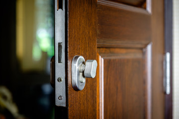 Door lock attached to the wooden door