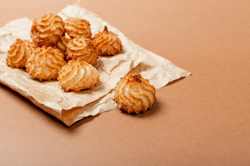 Natural baked coconut cookies or cocoanut macaroons with coco chips