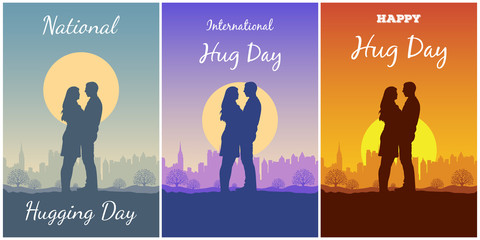Set of card for Hug Day with silhouette of couple on background of sunset landscape with city view, tree, sun and sky. Man and woman stand in an embrace. Flat vector concept with copy space.