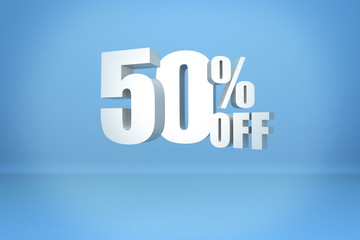 Fifty percent off on a blue background. A 50% discount. 3D illustration