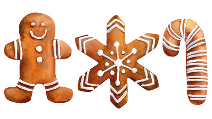 set of christmas cookies, sweets, cookies man, star, tree, mitten, on an isolated white background, watercolor illustration, hand drawing, greeting card