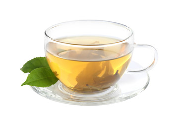 Cup of green tea and leaves isolated on white