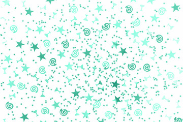 Fototapeta na wymiar Green stars and flutes and swirls glitter and assorted sparkling confetti partially blurred isolated on white background. Festive holiday pastel backdrop flat lay isolated
