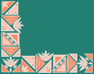 Sample bright background for packaging goods. Corner African folk ornament with geometric and floral shapes. Green and coral color with a white outline. Vector illustration for packaging design.