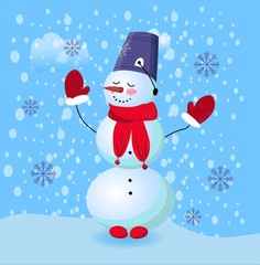 Snowman with a bucket on his head. Cute winter character made of snow. Blue background. Vector illustration. Christmas and New Year..