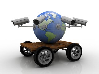 3d rendering Surveillance CCTV Security Camera connected globe      