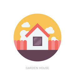 House and Garden with Gardening Tools, Flowers and Trees. Flat Design Style.