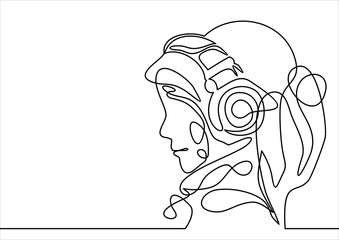 beautiful girl with headphones- continuous line drawing