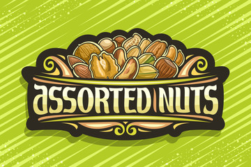 Vector logo for Assorted Nuts, black decorative sign with illustration of heap cartoon diverse nuts and flourishes, design signboard with original typeface for words assorted nuts on green background.