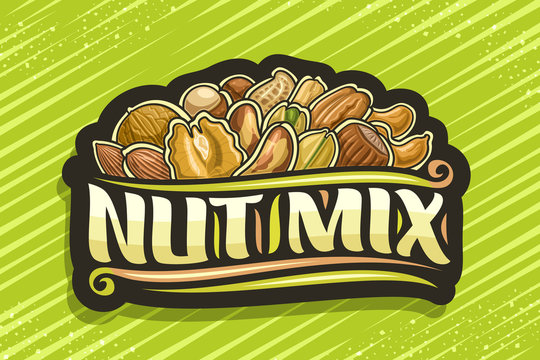 Vector logo for Nut Mix, black decorative tag with illustration of pile cartoon various nuts and flourishes, design concept with original brush script for words nut mix on green abstract background.