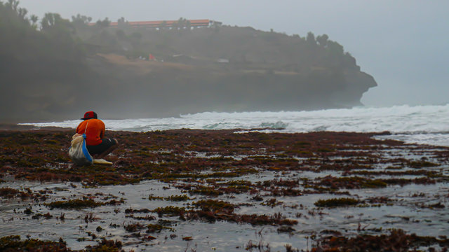 a stretch of white sand on the coast of Widodaren Yogyakarta Indonesia. lots of beautiful rocks and waves