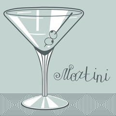empty glass of martini with olives on a skewer inside , monochrome illustration in gray tones on isolated background with the inscription