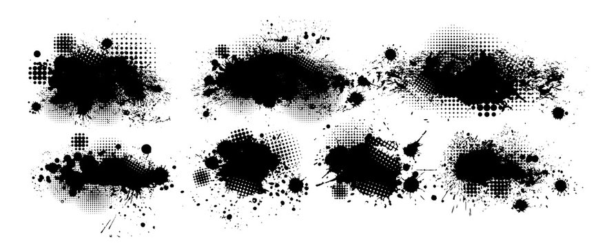 Set of blots. Black spots of paint on a white background. Grunge frame of paint. Vector illustration.